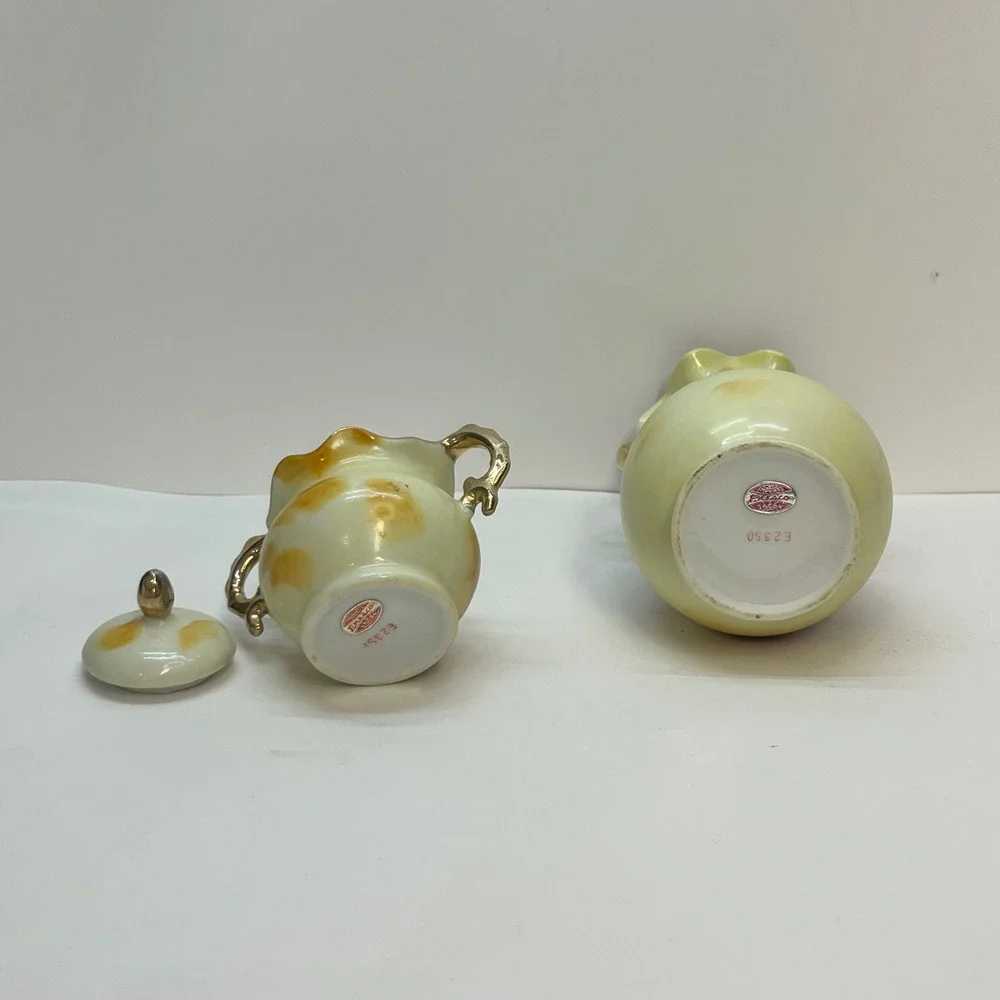 Vintage Enesco‎ Japan Ceramic Fruit Vase and Sugar Bowl Set Gold Trim E2350